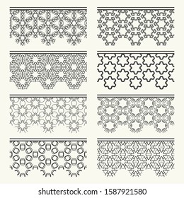 Set of black seamless borders, line patterns. Tribal ethnic arabic, indian decorative ornaments, fashion lace collection. Isolated design elements for headline, banners, wedding invitation cards