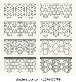 Set of black seamless borders, line patterns. Tribal ethnic arabic, indian decorative ornaments, fashion lace collection. Isolated design elements for headline, banners, wedding invitation cards