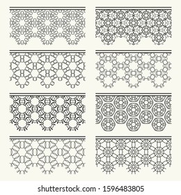 Set of black seamless borders, line patterns. Tribal ethnic arabic, indian decorative ornaments, fashion lace collection. Isolated design elements for headline, banners, wedding invitation cards