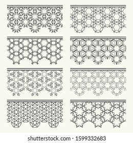 Set of black seamless borders, line patterns. Tribal ethnic arabic, indian decorative ornaments, fashion lace collection. Isolated design elements for headline, banners, wedding invitation cards