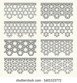 Set of black seamless borders, line patterns. Tribal ethnic arabic, indian decorative ornaments, fashion lace collection. Isolated design elements for headline, banners, wedding invitation cards