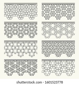 Set of black seamless borders, line patterns. Tribal ethnic arabic, indian decorative ornaments, fashion lace collection. Isolated design elements for headline, banners, wedding invitation cards