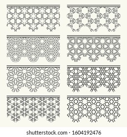 Set of black seamless borders, line patterns. Tribal ethnic arabic, indian decorative ornaments, fashion lace collection. Isolated design elements for headline, banners, wedding invitation cards
