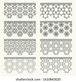 Set of black seamless borders, line patterns. Tribal ethnic arabic, indian decorative ornaments, fashion lace collection. Isolated design elements for headline, banners, wedding invitation cards