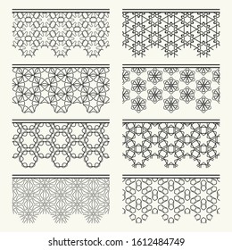 Set of black seamless borders, line patterns. Tribal ethnic arabic, indian decorative ornaments, fashion lace collection. Isolated design elements for headline, banners, wedding invitation cards