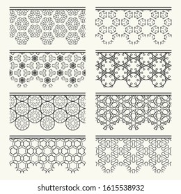 Set of black seamless borders, line patterns. Tribal ethnic arabic, indian decorative ornaments, fashion lace collection. Isolated design elements for headline, banners, wedding invitation cards
