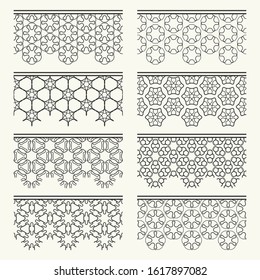 Set of black seamless borders, line patterns. Tribal ethnic arabic, indian decorative ornaments, fashion lace collection. Isolated design elements for headline, banners, wedding invitation cards