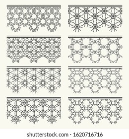 Set of black seamless borders, line patterns. Tribal ethnic arabic, indian decorative ornaments, fashion lace collection. Isolated design elements for headline, banners, wedding invitation cards