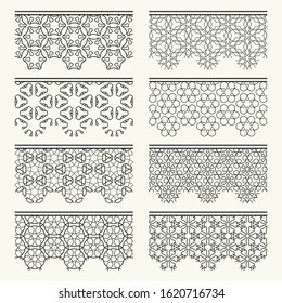 Set of black seamless borders, line patterns. Tribal ethnic arabic, indian decorative ornaments, fashion lace collection. Isolated design elements for headline, banners, wedding invitation cards