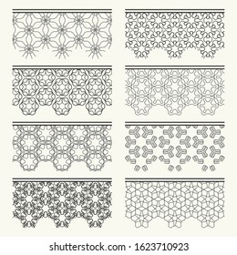 Set of black seamless borders, line patterns. Tribal ethnic arabic, indian decorative ornaments, fashion lace collection. Isolated design elements for headline, banners, wedding invitation cards