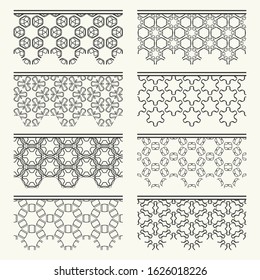 Set of black seamless borders, line patterns. Tribal ethnic arabic, indian decorative ornaments, fashion lace collection. Isolated design elements for headline, banners, wedding invitation cards