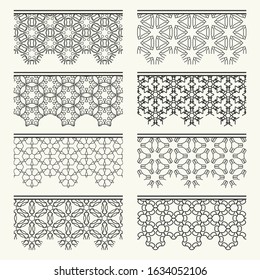 Set of black seamless borders, line patterns. Tribal ethnic arabic, indian decorative ornaments, fashion lace collection. Isolated design elements for headline, banners, wedding invitation cards