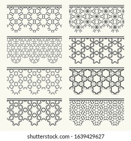 Set of black seamless borders, line patterns. Tribal ethnic arabic, indian decorative ornaments, fashion lace collection. Isolated design elements for headline, banners, wedding invitation cards