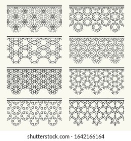 Set of black seamless borders, line patterns. Tribal ethnic arabic, indian decorative ornaments, fashion lace collection. Isolated design elements for headline, banners, wedding invitation cards