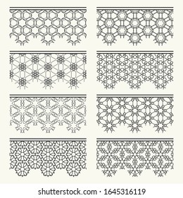 Set of black seamless borders, line patterns. Tribal ethnic arabic, indian decorative ornaments, fashion lace collection. Isolated design elements for headline, banners, wedding invitation cards