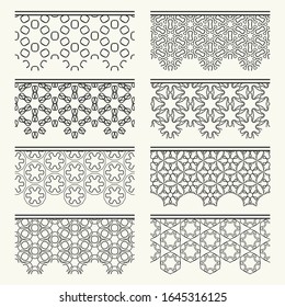 Set of black seamless borders, line patterns. Tribal ethnic arabic, indian decorative ornaments, fashion lace collection. Isolated design elements for headline, banners, wedding invitation cards