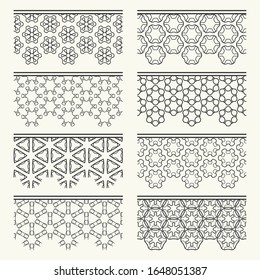 Set of black seamless borders, line patterns. Tribal ethnic arabic, indian decorative ornaments, fashion lace collection. Isolated design elements for headline, banners, wedding invitation cards