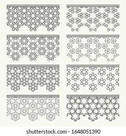 Set of black seamless borders, line patterns. Tribal ethnic arabic, indian decorative ornaments, fashion lace collection. Isolated design elements for headline, banners, wedding invitation cards