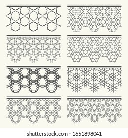 Set of black seamless borders, line patterns. Tribal ethnic arabic, indian decorative ornaments, fashion lace collection. Isolated design elements for headline, banners, wedding invitation cards