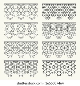 Set of black seamless borders, line patterns. Tribal ethnic arabic, indian decorative ornaments, fashion lace collection. Isolated design elements for headline, banners, wedding invitation cards