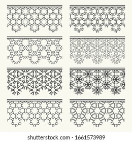 Satz von schwarzen, nahtlosen Rändern, Zeilenmustern. Ethnische arabische Stämme, indische Ziergegenstände, Modespitzensammlung. Einzige Design-Elemente für Schlagzeilen, Banner, Einladungskarten für Hochzeiten