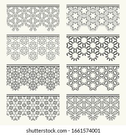 Set of black seamless borders, line patterns. Tribal ethnic arabic, indian decorative ornaments, fashion lace collection. Isolated design elements for headline, banners, wedding invitation cards