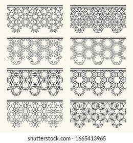 Set of black seamless borders, line patterns. Tribal ethnic arabic, indian decorative ornaments, fashion lace collection. Isolated design elements for headline, banners, wedding invitation cards