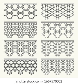 Set of black seamless borders, line patterns. Tribal ethnic arabic, indian decorative ornaments, fashion lace collection. Isolated design elements for headline, banners, wedding invitation cards