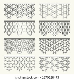 Set of black seamless borders, line patterns. Tribal ethnic arabic, indian decorative ornaments, fashion lace collection. Isolated design elements for headline, banners, wedding invitation cards