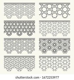Set of black seamless borders, line patterns. Tribal ethnic arabic, indian decorative ornaments, fashion lace collection. Isolated design elements for headline, banners, wedding invitation cards