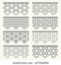 Set of black seamless borders, line patterns. Tribal ethnic arabic, indian decorative ornaments, fashion lace collection. Isolated design elements for headline, banners, wedding invitation cards