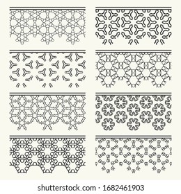 Set of black seamless borders, line patterns. Tribal ethnic arabic, indian decorative ornaments, fashion lace collection. Isolated design elements for headline, banners, wedding invitation cards
