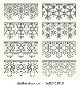 Set of black seamless borders, line patterns. Tribal ethnic arabic, indian decorative ornaments, fashion lace collection. Isolated design elements for headline, banners, wedding invitation cards