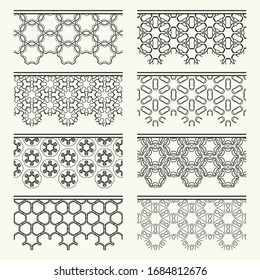 Set of black seamless borders, line patterns. Tribal ethnic arabic, indian decorative ornaments, fashion lace collection. Isolated design elements for headline, banners, wedding invitation cards