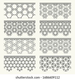 Set of black seamless borders, line patterns. Tribal ethnic arabic, indian decorative ornaments, fashion lace collection. Isolated design elements for headline, banners, wedding invitation cards
