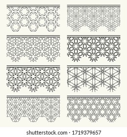 Conjunto de bordes negros sin fisuras, patrones de línea. Ornamentos decorativos indios, colección de encajes de moda. Elementos de diseño aislados para titulares, banners, tarjetas de invitación para bodas