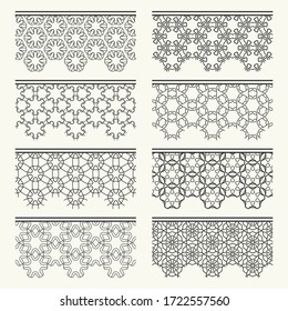 Set of black seamless borders, line patterns. Tribal ethnic arabic, indian decorative ornaments, fashion lace collection. Isolated design elements for headline, banners, wedding invitation cards