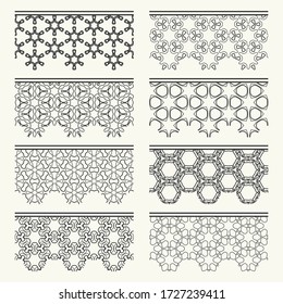 Set of black seamless borders, line patterns. Tribal ethnic arabic, indian decorative ornaments, fashion lace collection. Isolated design elements for headline, banners, wedding invitation cards