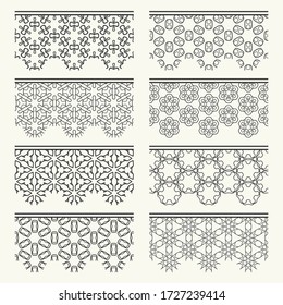 Set of black seamless borders, line patterns. Tribal ethnic arabic, indian decorative ornaments, fashion lace collection. Isolated design elements for headline, banners, wedding invitation cards