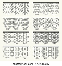 Set of black seamless borders, line patterns. Tribal ethnic arabic, indian decorative ornaments, fashion lace collection. Isolated design elements for headline, banners, wedding invitation cards