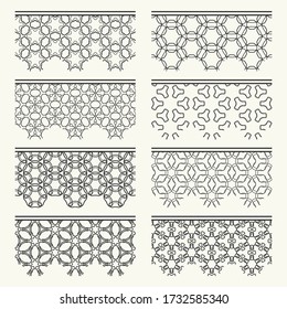 Set of black seamless borders, line patterns. Tribal ethnic arabic, indian decorative ornaments, fashion lace collection. Isolated design elements for headline, banners, wedding invitation cards