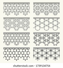 Set of black seamless borders, line patterns. Tribal ethnic arabic, indian decorative ornaments, fashion lace collection. Isolated design elements for headline, banners, wedding invitation cards