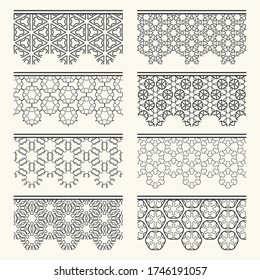 Satz von schwarzen, nahtlosen Rändern, Zeilenmustern. Ethnische arabische Stämme, indische dekorative Ornamente, Mode Spitzen Sammlung. Einzelne Designelemente für Schlagzeilen, Banner, Einladungskarten für Hochzeiten