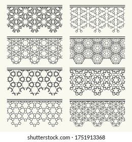 Set of black seamless borders, line patterns. Tribal ethnic arabic, indian decorative ornaments, fashion lace collection. Isolated design elements for headline, banners, wedding invitation cards