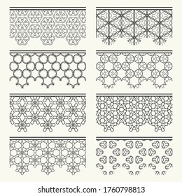 Set of black seamless borders, line patterns. Tribal ethnic arabic, indian decorative ornaments, fashion lace collection. Isolated design elements for headline, banners, wedding invitation cards