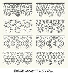 Set of black seamless borders, line patterns. Tribal ethnic arabic, indian decorative ornaments, fashion lace collection. Isolated design elements for headline, banners, wedding invitation cards