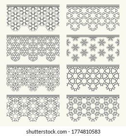 Set of black seamless borders, line patterns. Tribal ethnic arabic, indian decorative ornaments, fashion lace collection. Isolated design elements for headline, banners, wedding invitation cards