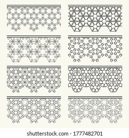 Set of black seamless borders, line patterns. Tribal ethnic arabic, indian decorative ornaments, fashion lace collection. Isolated design elements for headline, banners, wedding invitation cards