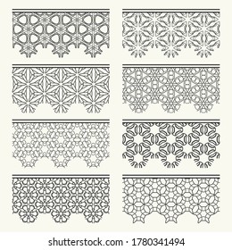 Set of black seamless borders, line patterns. Tribal ethnic arabic, indian decorative ornaments, fashion lace collection. Isolated design elements for headline, banners, wedding invitation cards