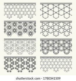 Set of black seamless borders, line patterns. Tribal ethnic arabic, indian decorative ornaments, fashion lace collection. Isolated design elements for headline, banners, wedding invitation cards